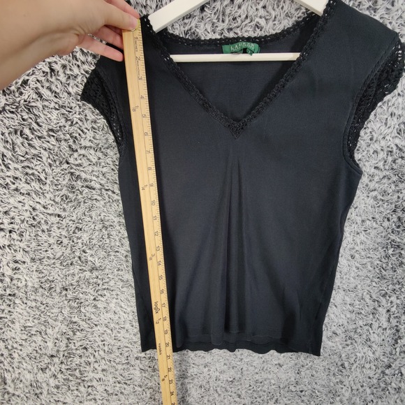 Ralph Lauren LRL Preppy Nautical Knit Top Crochet Trim V Neck Black Women L Goth - Picture 3 of 7